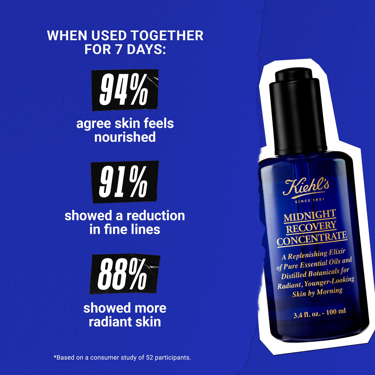 Kiehl's Midnight Recovery Concentrate Moisturizing Face Oil, Lightweight Facial Serum, Restores Skin Radiance Overnight, Reduces Fine Lines, Refines Skin Texture, 99.4% Naturally Derived - 3.4 fl oz