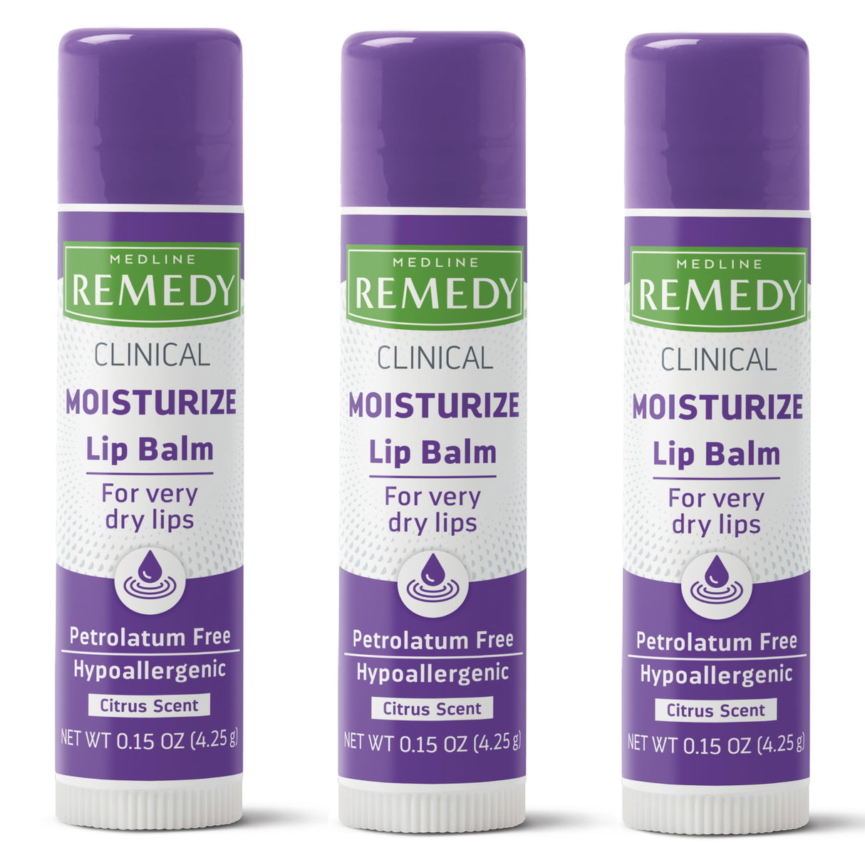 Medline Remedy Clinical Lip Balm, 3 Count, Citrus Scent, Moisturizing, Hydrating, Nourish, Nutrient Rich, Soothing Natural Oils, Revitalize, Comforting, Skin Conditioners, 0.15 oz Stick