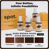 Dark Brown Wood Stain Repair Kit, Brush-On Touch-Up Stain Bottles, Provincial, Dark Walnut, Ebony, Red Mahogany, Interior and Exterior Wood, 4 fl oz Total by spot.