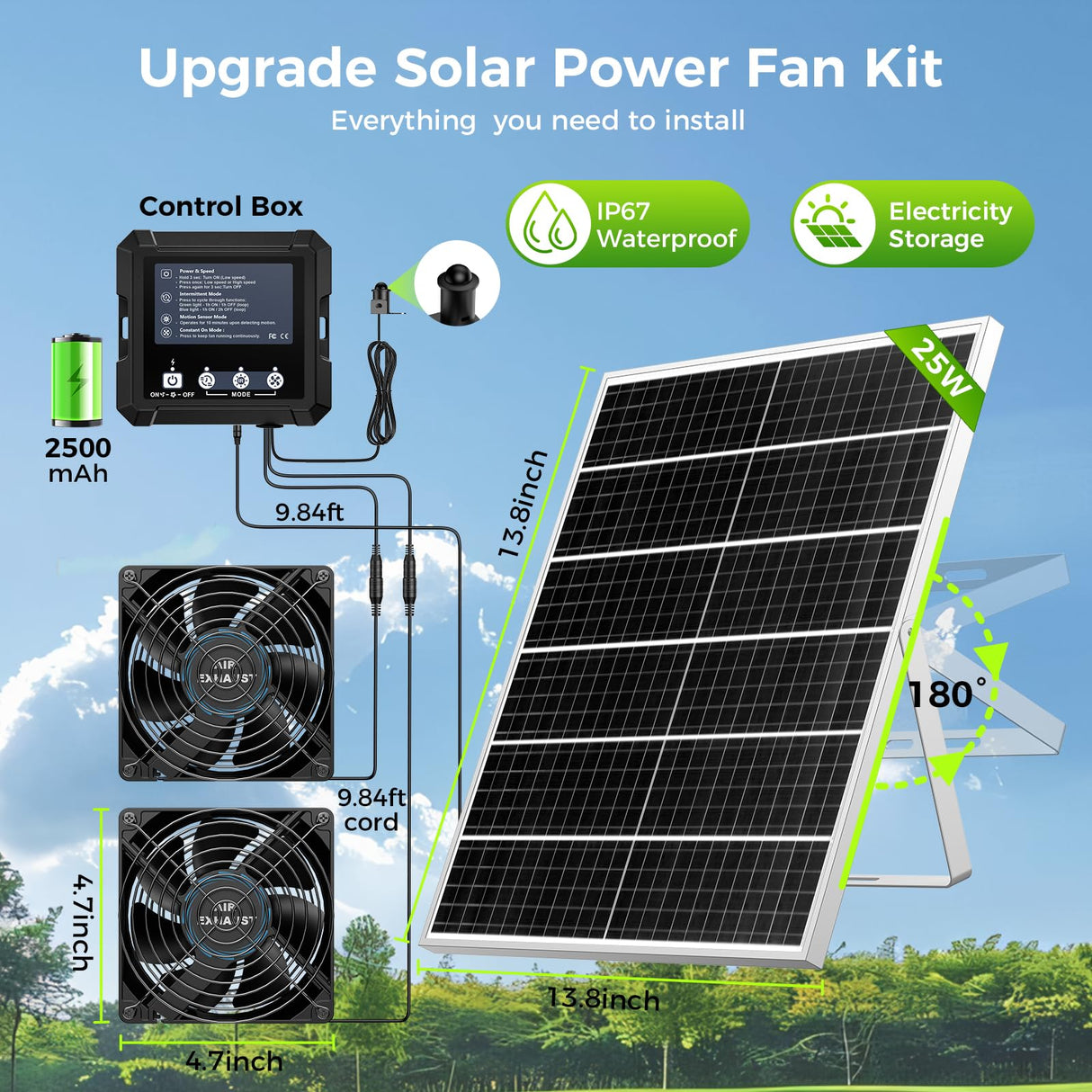 25W Smart Solar Fan for Chicken Coop, Solar Powered Fan for Dog Shed Garage
