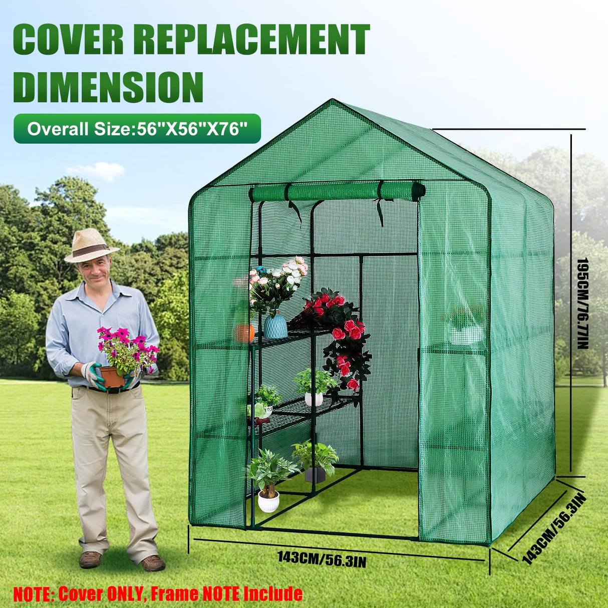 Walk-in Greenhouse Replacement Cover with Roll-Up Zipper Door, 56×56×76 inch PE Greenhouse Cover Protect Outdoor Gardening Plants from Cold Frost，Waterproof and UV Resistant(Frame Not Include)