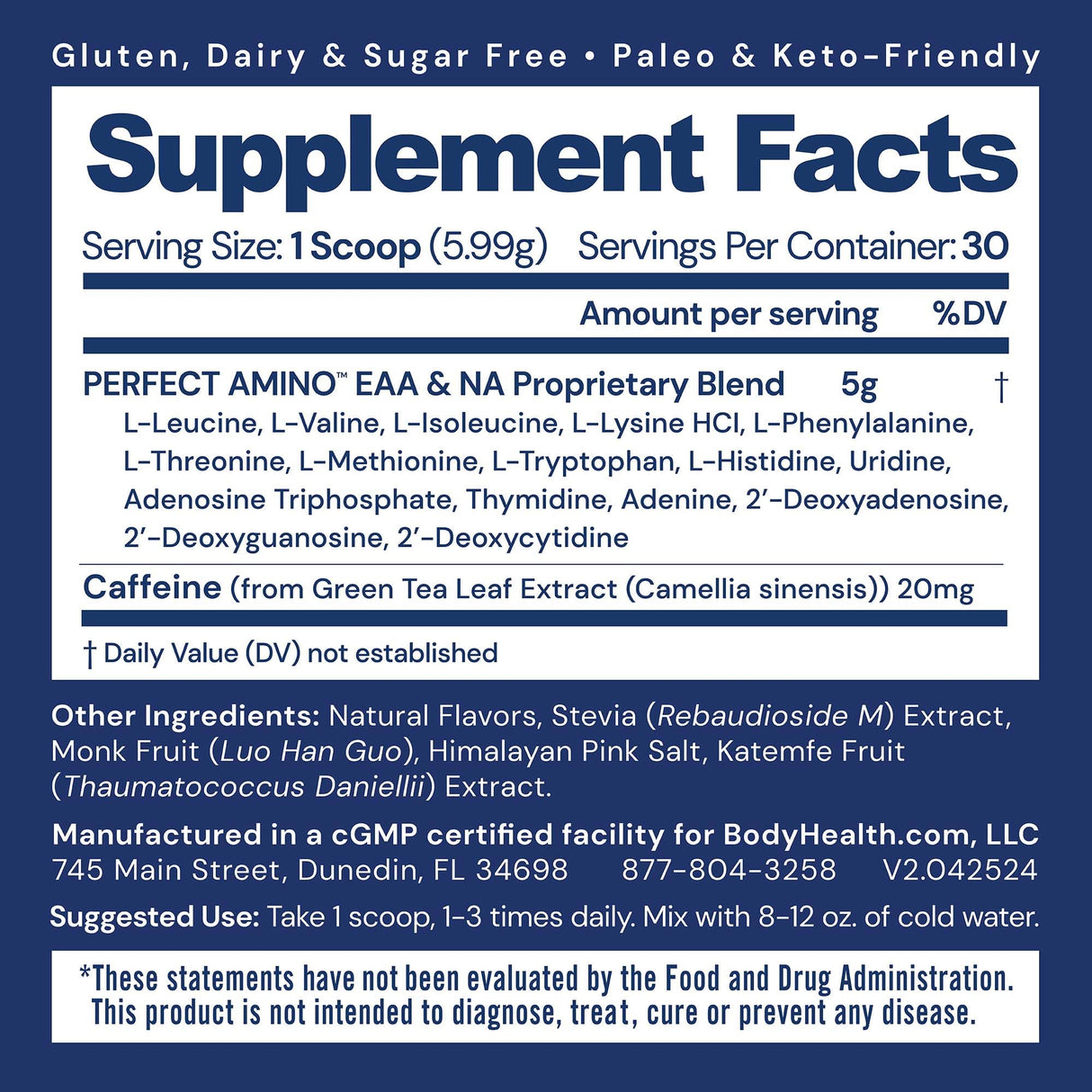 BodyHealth PerfectAmino Powder - BCAA and EAA Powder for Pre and Post Workout - Amino Acid Energy Drink for Men and Women to Support Lean Muscle and Recovery - Mocha - 30 Servings