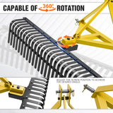 YZONA 60" 3 Point Rock Rake for Tractors, Heavy-Duty Landscape Rake with 360° Rotation, Category 1 Hitch Attachment, Tow-Behind Pine Straw Harrow for Garden, Lawn Care, Farm, Black & Yellow