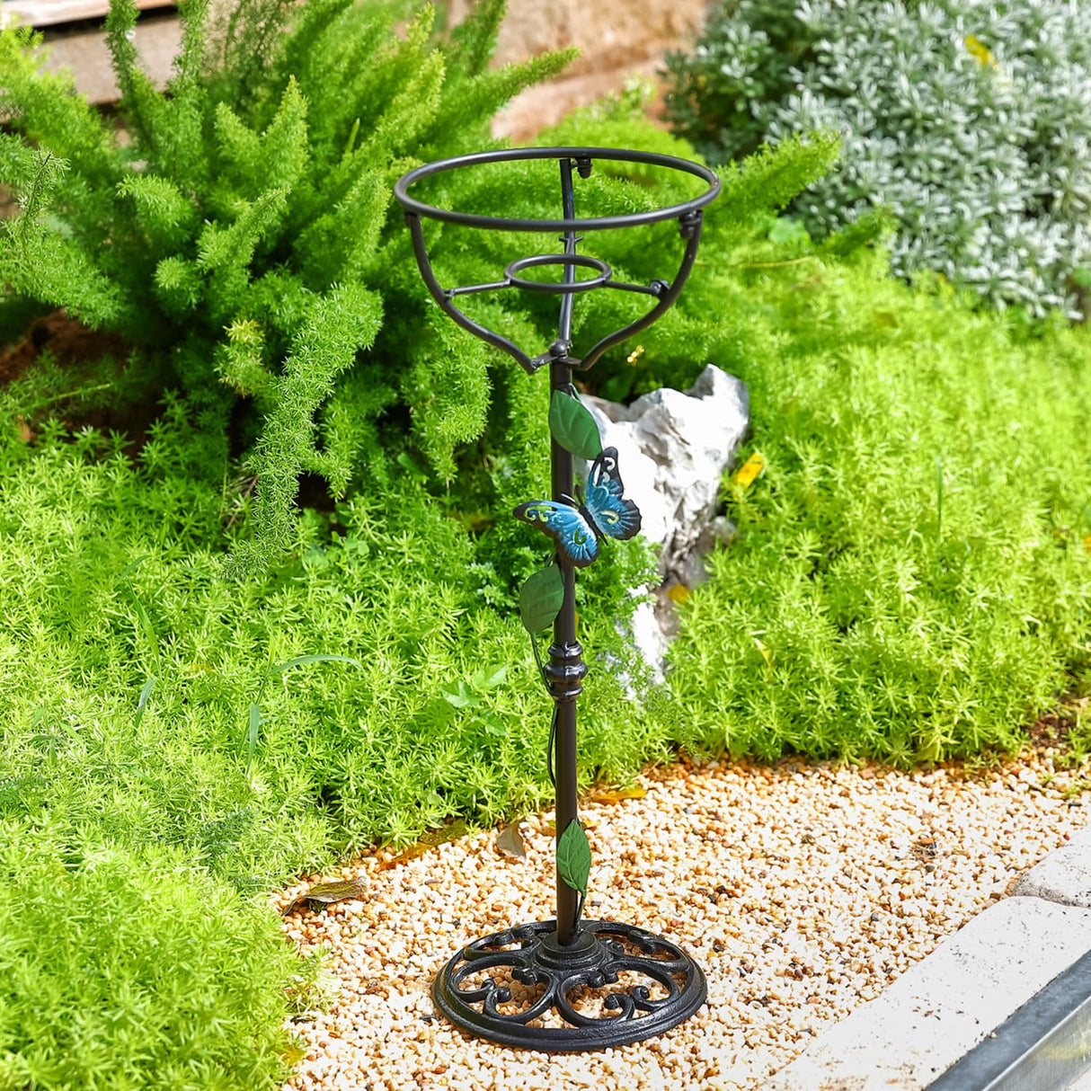 TICKCACY Cast Iron Gazing Globe Stand, 24.5" Gazing Ball Stand for 10-12 Inches Garden Gazing Globes, Metal Display Gazing Ball Holder for Indoor Outdoor, Easy Assembly, Black