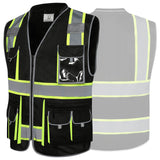 JKSafety 10 Pockets Hi-Vis Zipper Front Black Safety Vest | Cushioned Collar | High Reflective Tapes with Extended Neon Yellow Strips | Meets ANSI/ISEA Standards (Large, 89-Black)