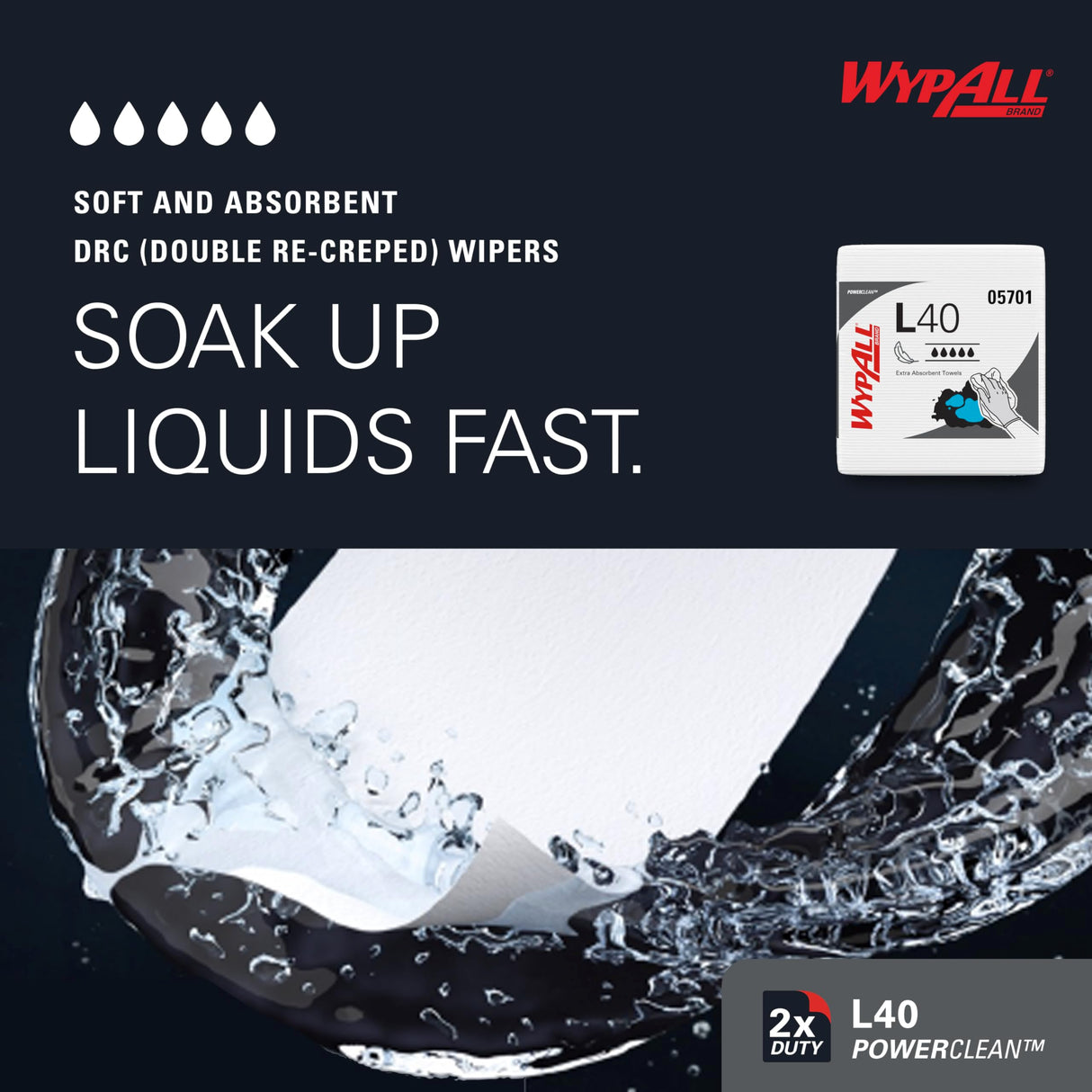 Wypall PowerClean L40 Cloths Extra Absorbent Wipes (05701), Quarterfold, Bulk Paper Wipers, White (18 Packs of 56 Sheets, 1,008 Sheet Total)