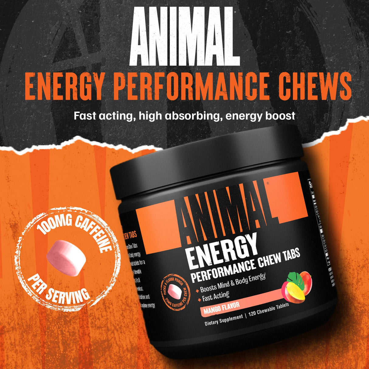 Animal Energy Chews, Fast Acting Energy with Caffeine, Nootropics and Sea Salt for Focus and Pre Workout - Convenient and Delicious Chews Format - Mango