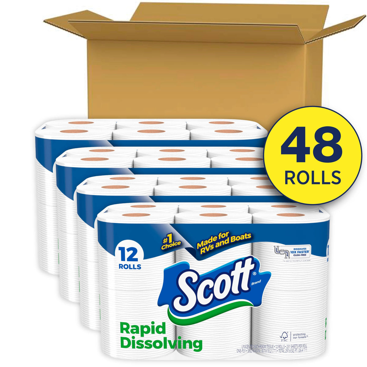 Scott Rapid-Dissolving Toilet Paper, 48 Double Rolls, Septic-Safe, Toilet Paper, 1 Ply, White