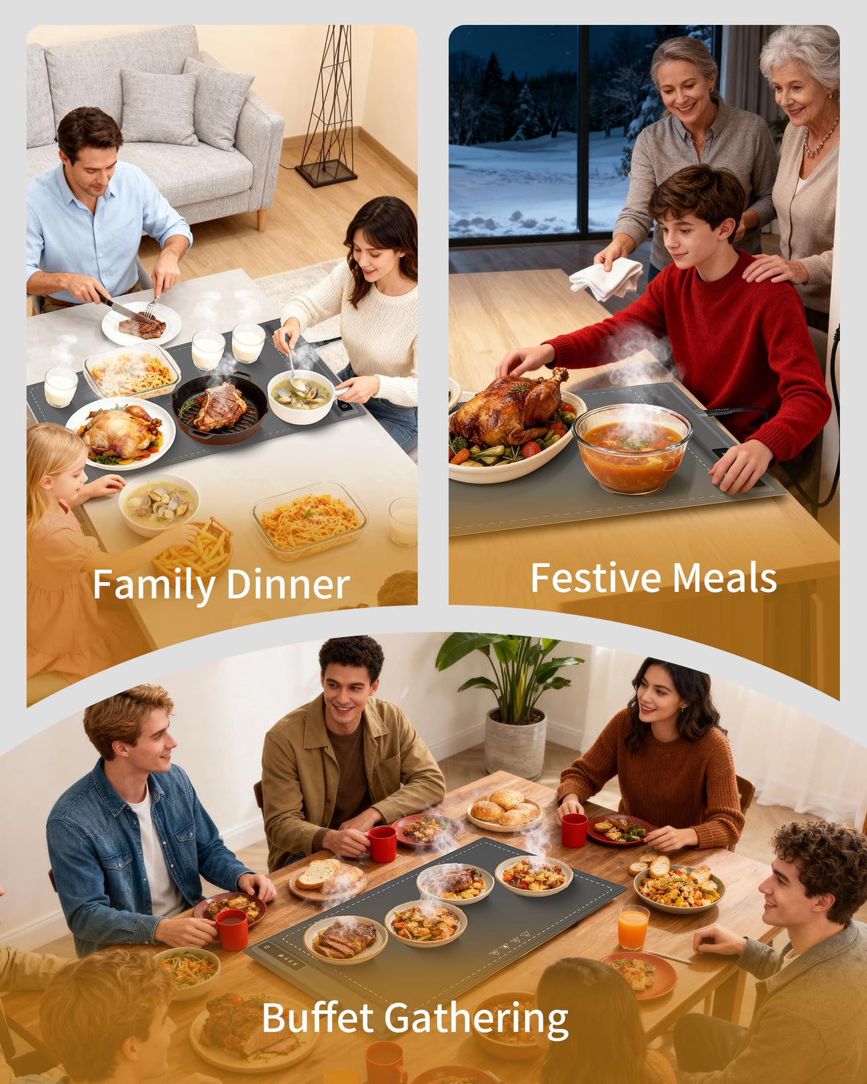 Food Warming Mat - Fast & Full Surface Heating, Silicone Heat Pad with 3 Adjustable Temperature for Buffets Parties, Rollable Electric Warming Tray,Kitchen Heated Plate,Countertop Food Warmer (Gray)