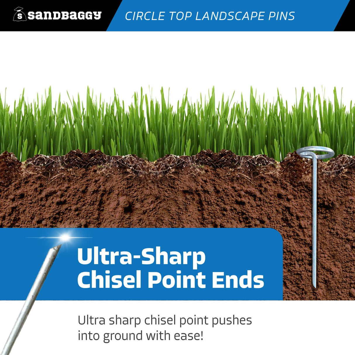 Sandbaggy 6-inch Circle Top Pins - Landscape Staples (Galvanized) - Garden Stakes for Landscaping, SOD - Heavy Duty Ground Stakes, Lawn Turf Spikes, Christmas Decorations, Weed Mats (100 Pins)
