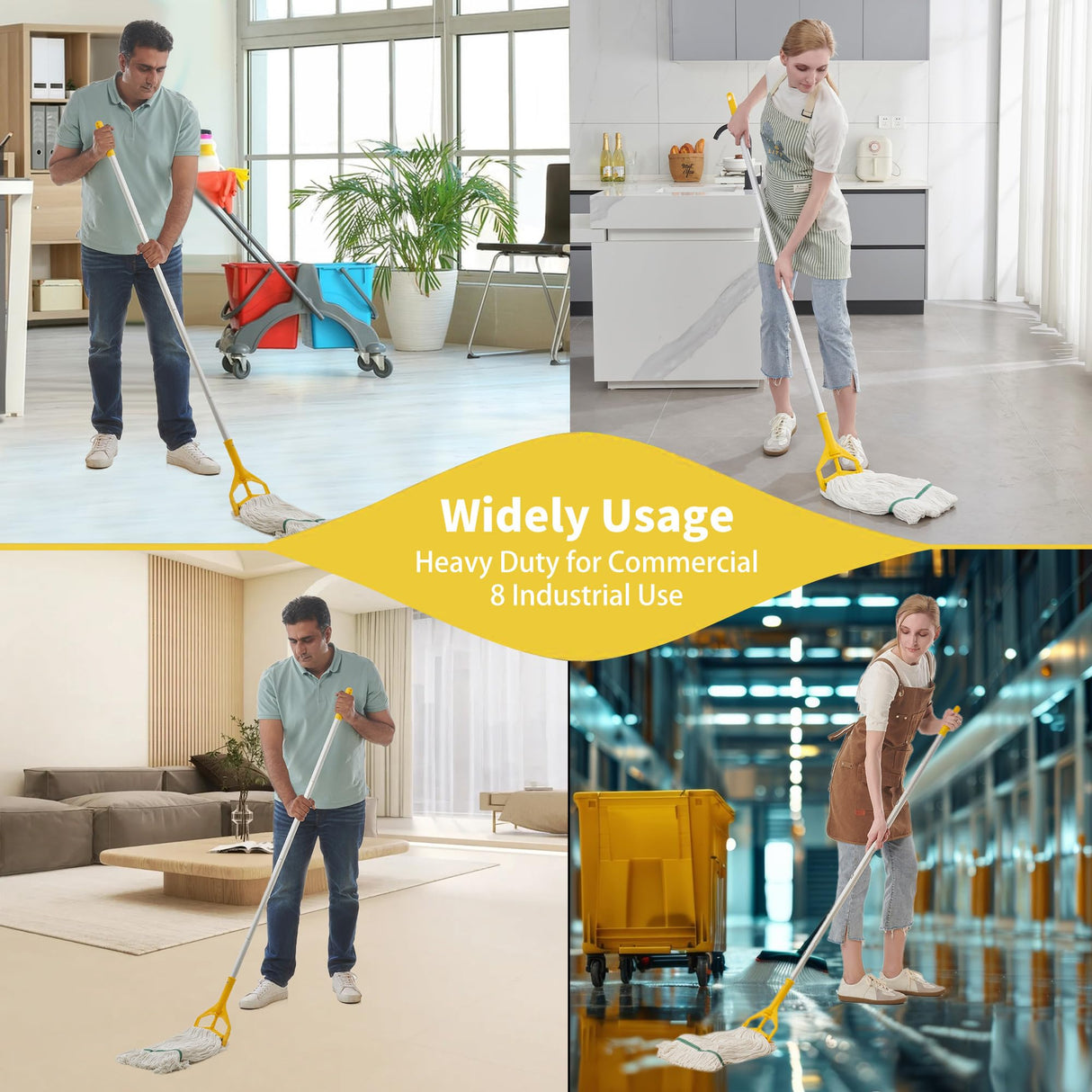 Midoneat Commercial Heavy Duty Industrial Mop with Long Handle,59" Looped-End String Wet Cotton Mops for Floor Cleaning, Including Three mop Head Replacement