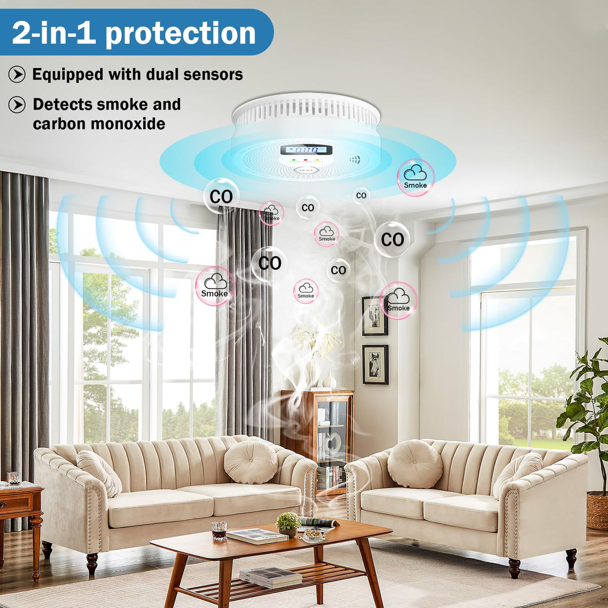 Smoke Detector and Carbon Monoxide Detector Combo with LED Indicators, 2 in 1 CO & Smoke Alarm, Battery Operated Smoke and Carbon Monoxide detectors 1-Pack
