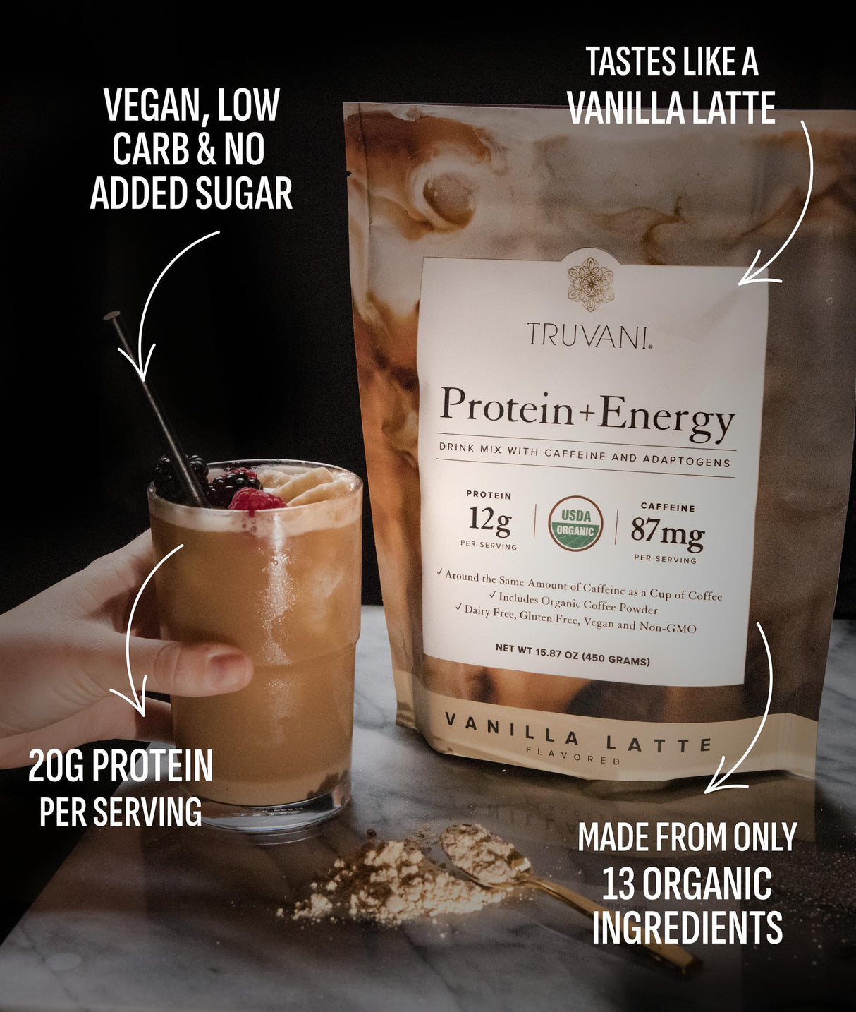 Truvani Protein + Energy Drink Mix with 87mg Caffeine | Vanilla Latte | 12g Organic Plant Based Protein | 20 Servings | USDA Organic Coffee Powder & Adaptogens | Gluten & Dairy Free | Vegan | Non-GMO
