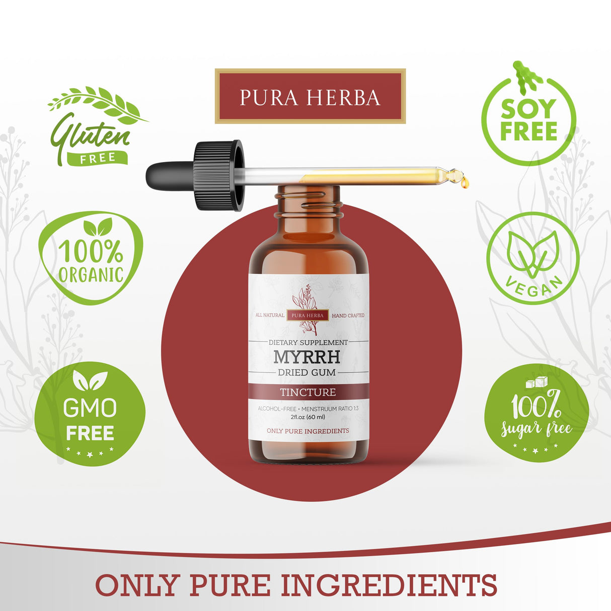 Pura Herba Organic Myrrh Liquid Extract - Alcohol-Free Tincture Drops | Non-GMO, Vegan, Gluten-Free Herbal Supplement | 2 Fl Oz | Made in USA