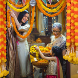 DIYANA IMPEX Marigold Garland for Decoration 5 Pcs of 5 feet Long Strands Artificial Marigold Flowers with Bell, Indian Décor for Pooja/Diwali Decorations/Christmas (Orange + Yellow)