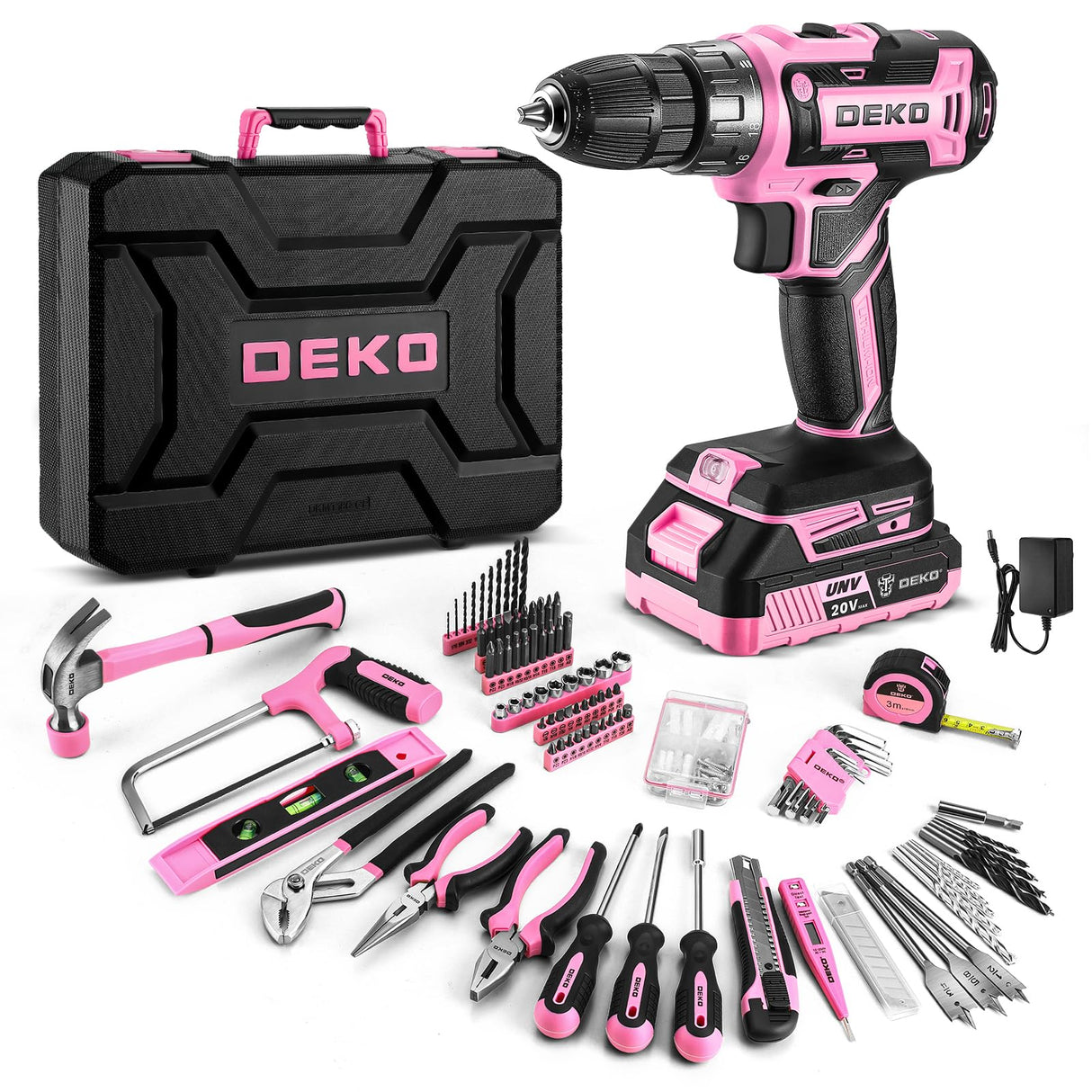 Pink Power Drill Tool Kit Set: 20V Cordless Electric Drill, Driver, Tool Box with Battery