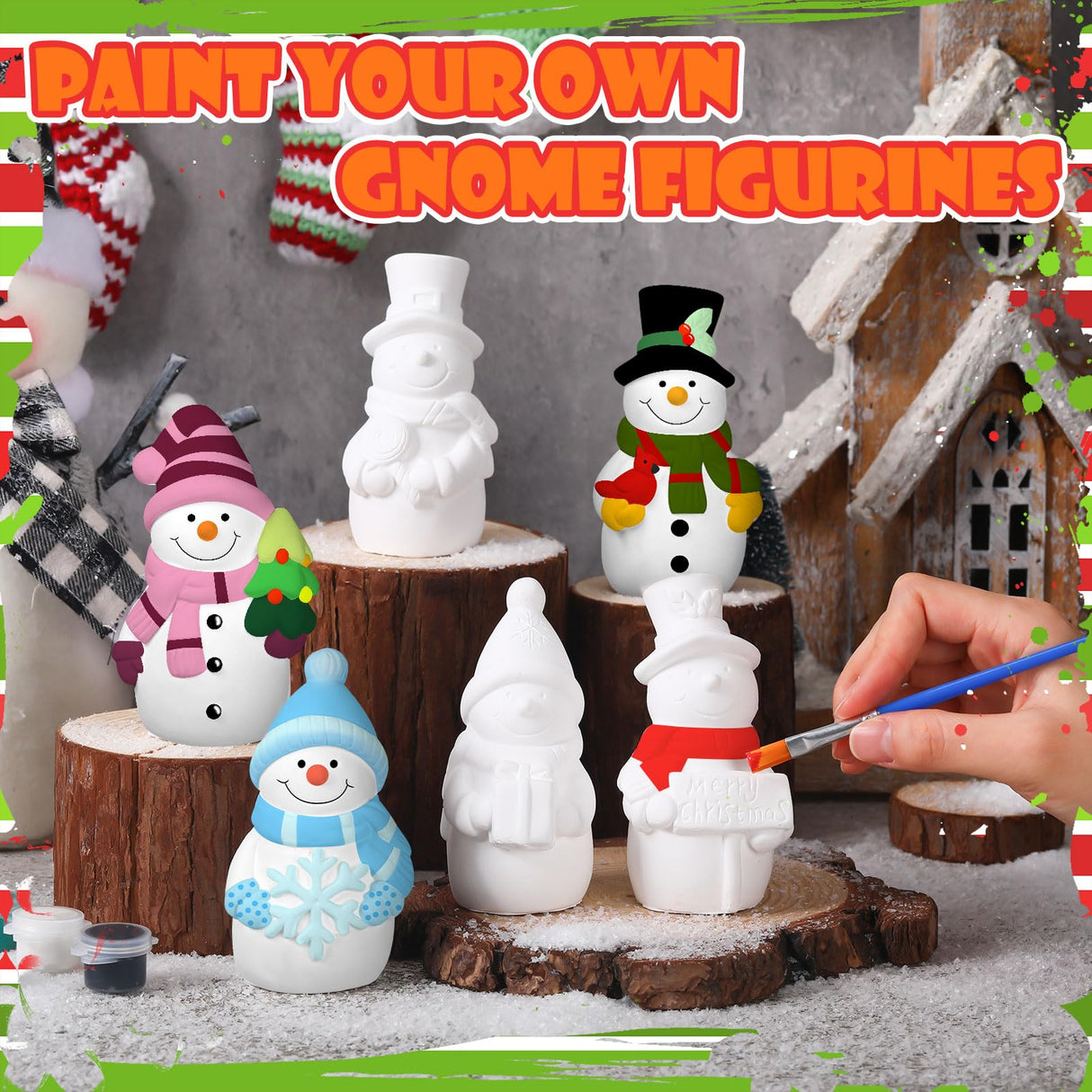 Eersida 6 Sets Winter Christmas Ceramics to Paint Ready to Your Own Ceramic Snowman Statues DIY Unpainted Paintable Winter Figurines Kit Crafts with Brush Palette for Christmas DIY