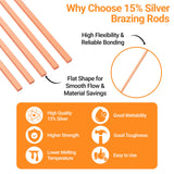 15pcs Brazing Rods AWS BCuP-5 15% Silver Solder Phos Copper Brazing Alloy Flat Welding Rods 0.050"x1/8"x10" for HVAC, Refrigeration, and Industrial Applications