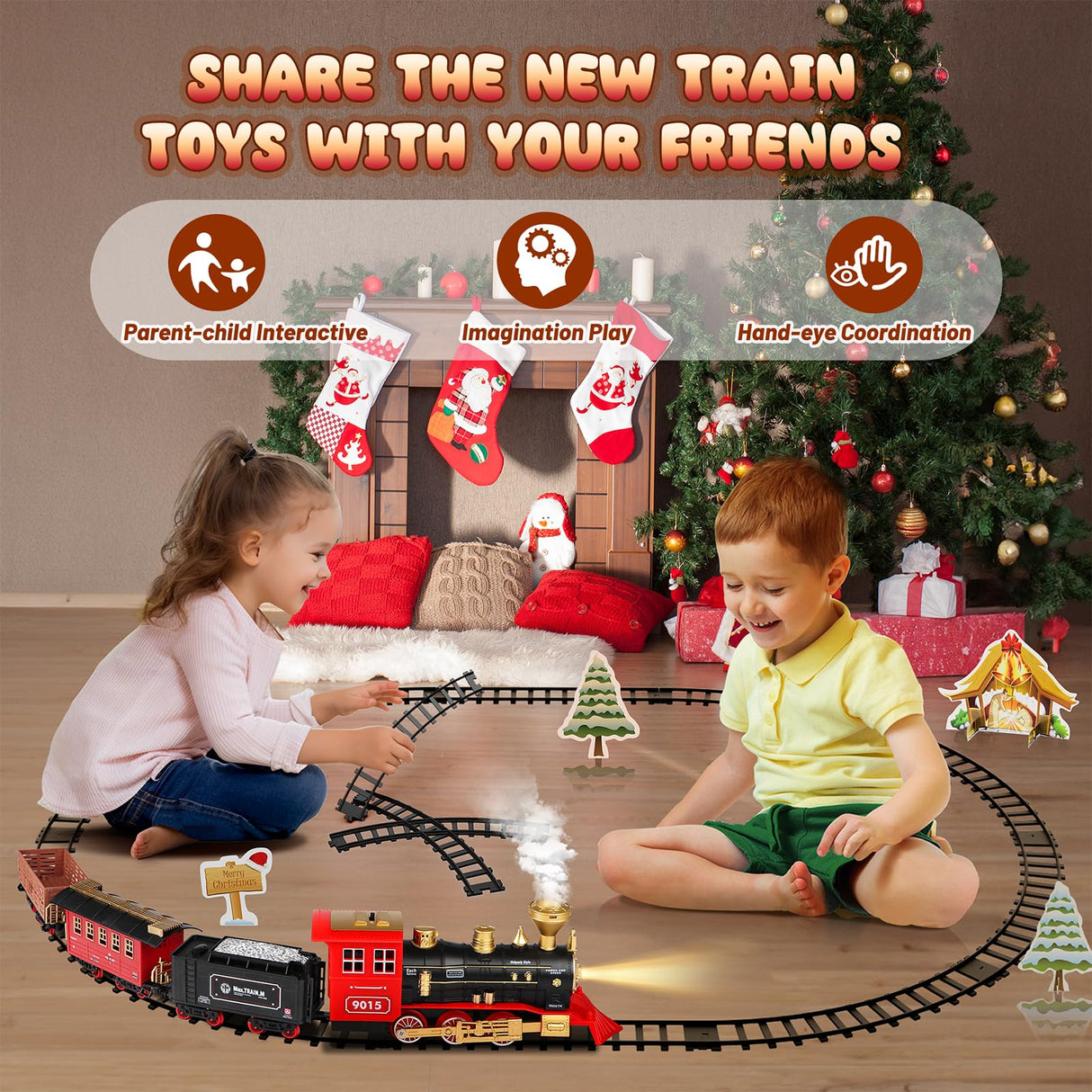 Hot Bee Train Set - Train Toys for Boys with Smokes, Lights and Sound, Toy Train Set for Under Christmas Tree, Toddler Model Trains for 3 4 5 6 7 8+ Years Old Kids Christmas Toys Gifts