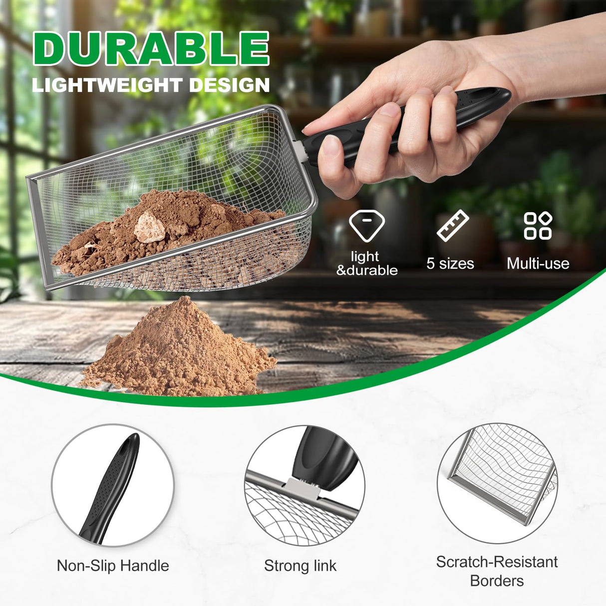 5pcs Soil Sifter Set for Gardening, Handheld Heavy-Duty Compost Shovel
