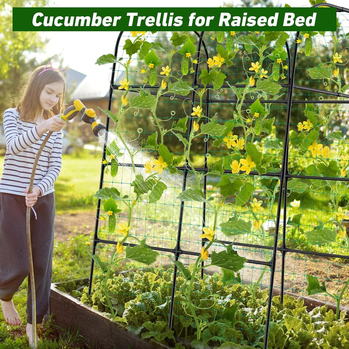 whiffee 7.3FT Cucumber Trellis for Raised Bed, Garden Arch Trellis with Net