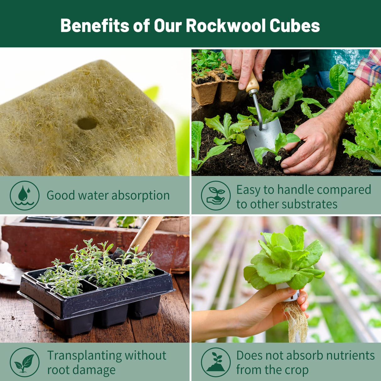 Jowlawn 1" Rockwool Cubes for Hydroponics 200 Plugs with 50 Pack 1.5 inch Net Pots Hydroponics Supplies Cups for Rooting, Clone Plants, Starting Seeds, Ideal Rockwool for Hydroponic Growing