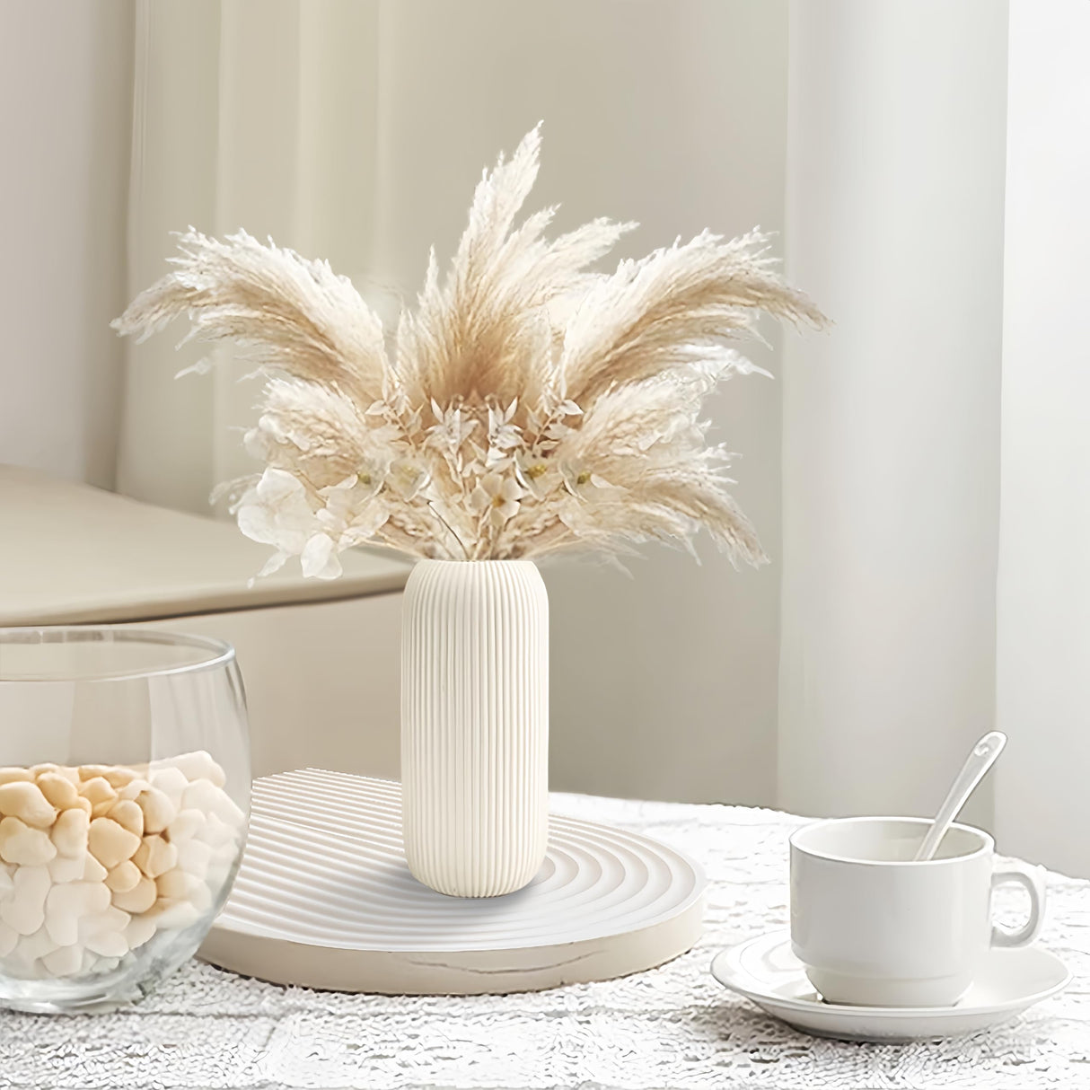 Ceramic Vase for Flowers – Modern Small Ribbed Textured Flower Vase for Home Decor, Pampas Grass, Decorative, Farmhouse, Coffee Table, Kitchen Centerpieces, Bookshelf and Home Living (XL White)