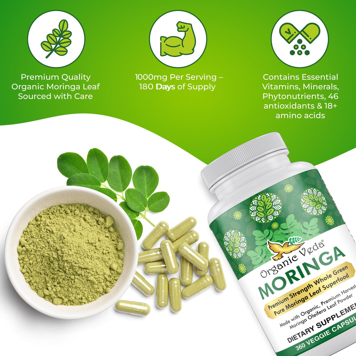 Organic Veda Moringa Leaf Powder Capsules, 1000mg, 360 Count - True Green Native Organic Moringa Oleifera, Premium Strength Nutrient Dense 100% Pure Leaves - Energy, Sleep & Immunity Support - Vegan