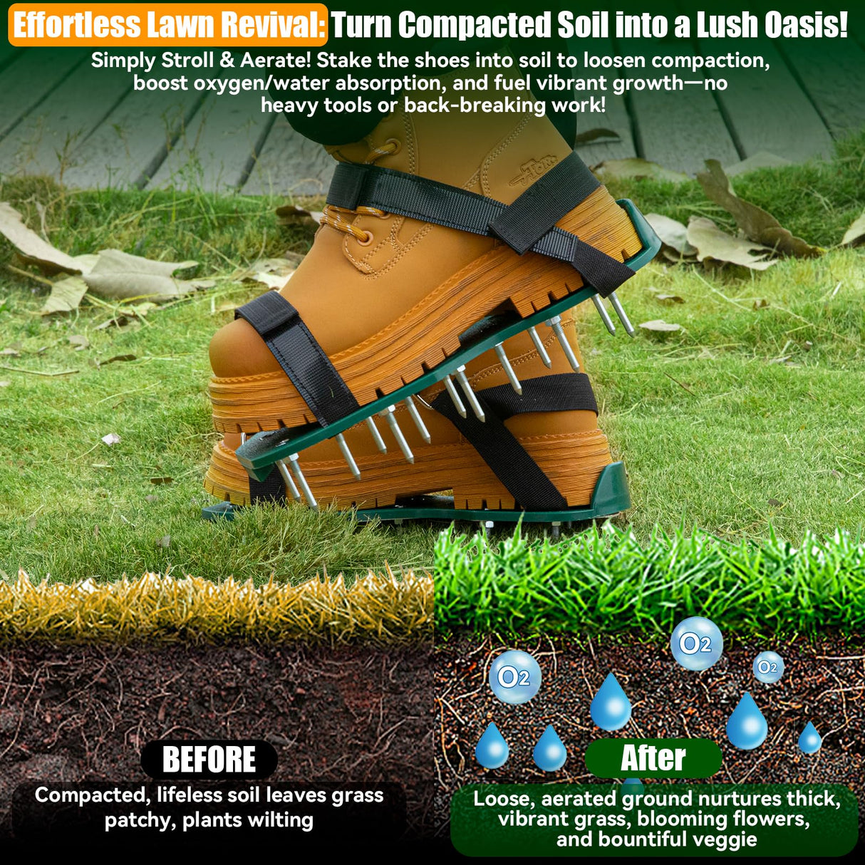Lawn Aerator Shoes with 3/4" Metal Spikes, Soil Aeration Tool for Yard