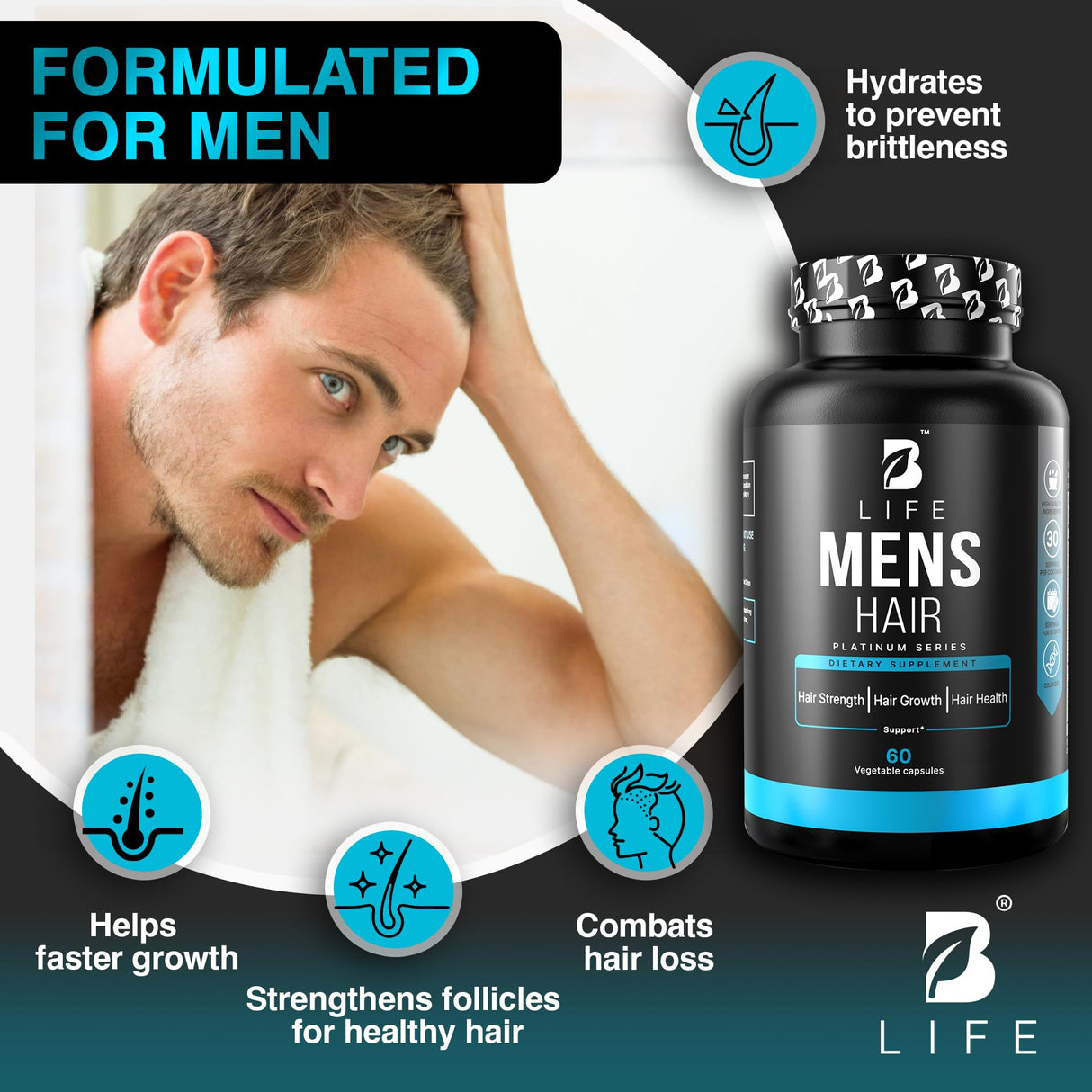 Men’s Hair Supplement – 60 Capsules – Biotin for Hair Growth Men – Hair Vitamins for Hair Loss for Men – Hair Supplements for Hair Growth with Collagen, Zinc, Selenium, Vitamins A,C,D,E – 30 Servings