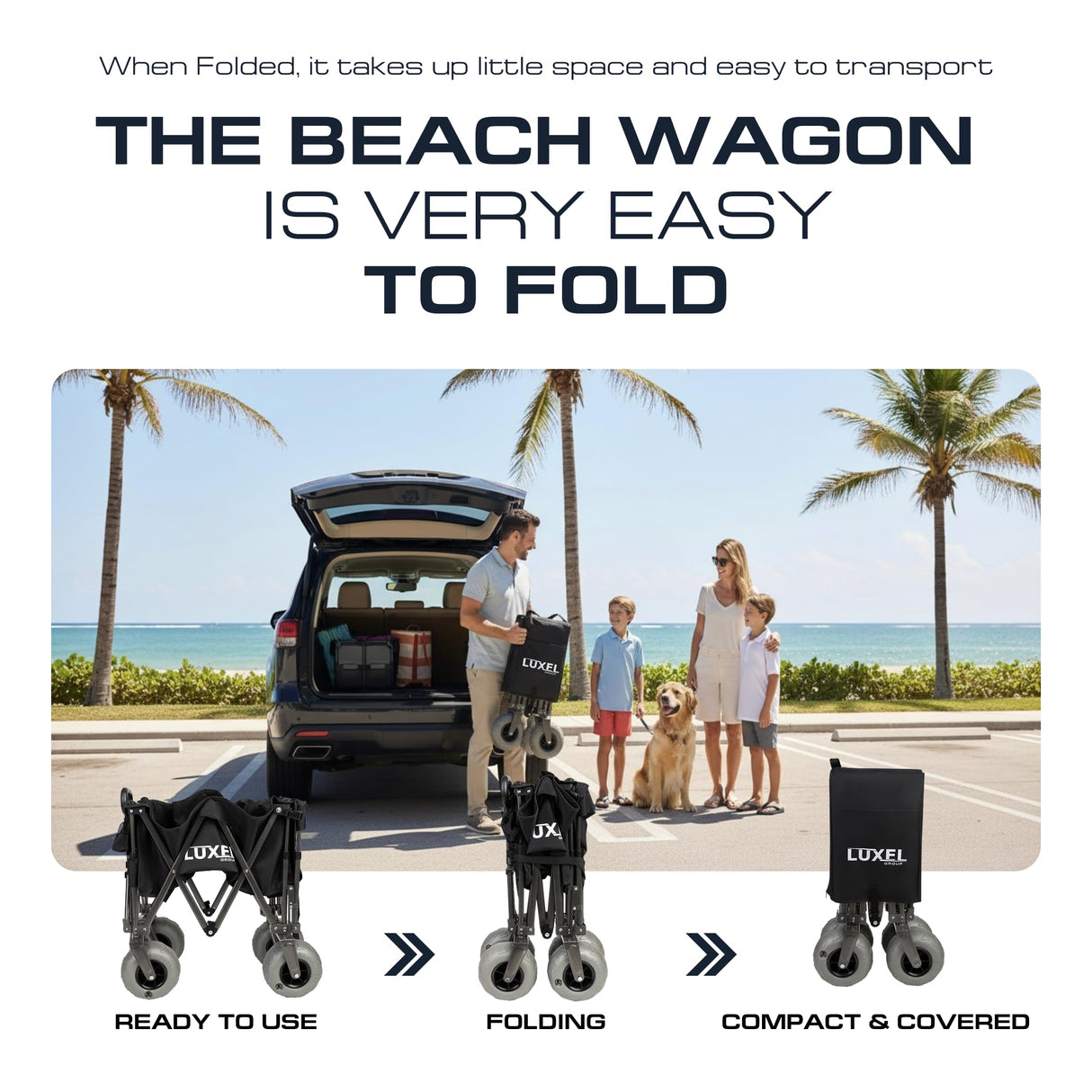 Beach Wagon with Big Wheels for Sand - Heavy Duty Collapsible Folding Utility Wagon Cart 300lb Capacity with 9” All-Terrain Pneumatic Tires & Cup Holders - Portable Garden Camping Outdoor Cart (Black)