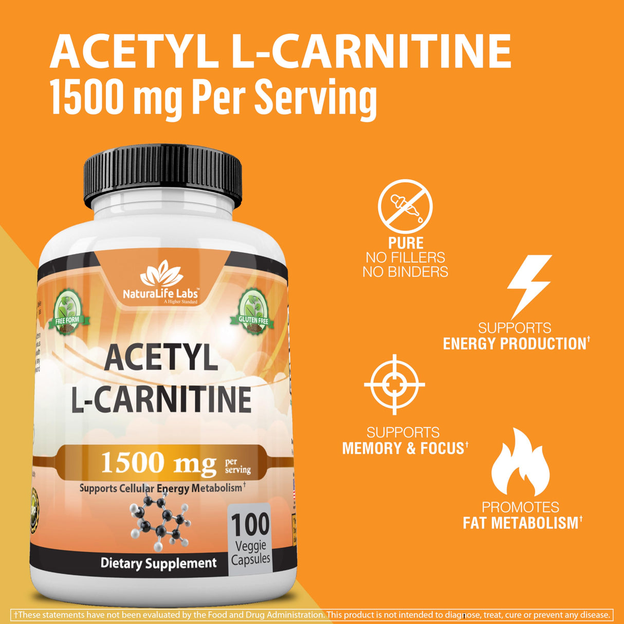 Acetyl L-Carnitine 1,500 mg High Potency Supports Energy Production, Sports Nutrition, Supports Memory/Focus - 100 Veggie Capsules