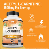 Acetyl L-Carnitine 1,500 mg High Potency Supports Energy Production, Sports Nutrition, Supports Memory/Focus - 100 Veggie Capsules