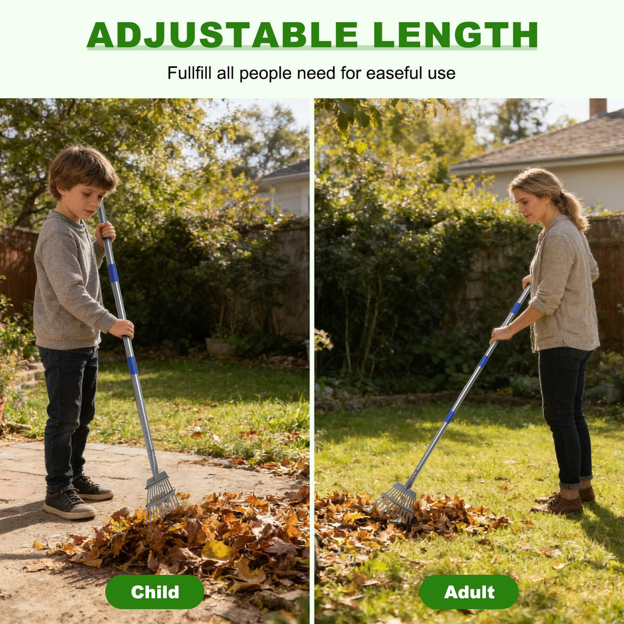 Gixmuoiy Garden Rake for Leaves, Heavy-Duty Small Metal Rake for Lawn, Yard, Garden Beds, Debris & Shrubs, 6 ft Adjustable Handle for Kids and Adults
