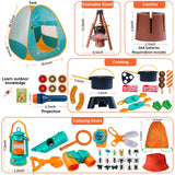 Qtioucp Kids Camping Set 50pcs with Tent & Space Projector Flashlight- Outdoor Campfire Toy Set for Toddlers Kids - Pretend Play Camp Gear Tools for Birthday Christmas