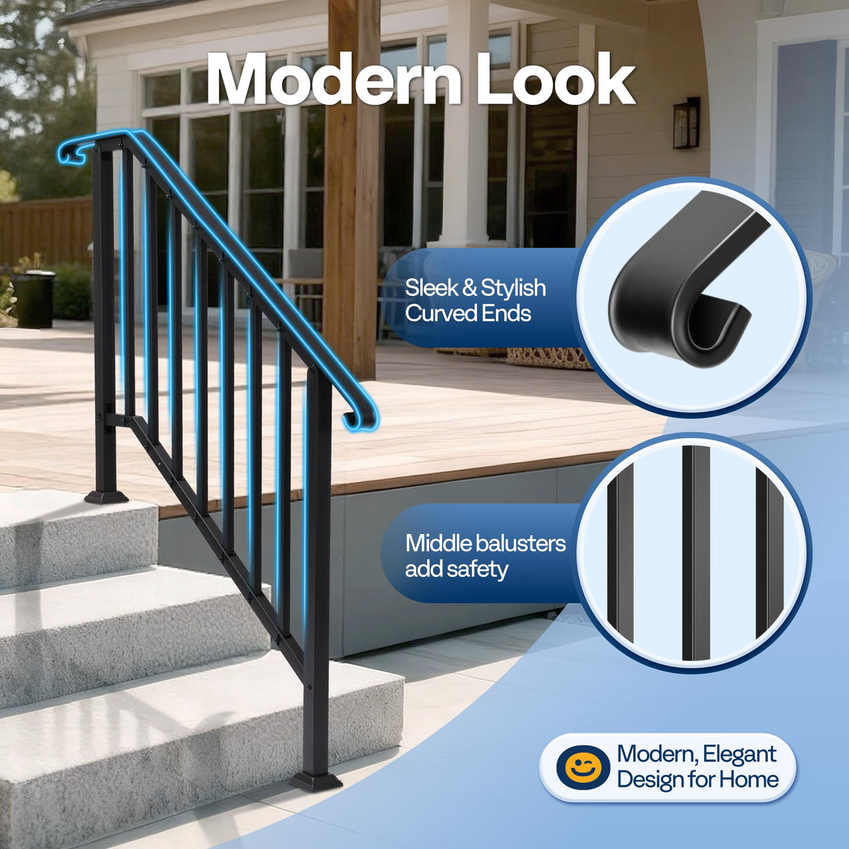 VIVOHOME 4-Step Hand Rails for Outdoor Steps with Curved Ends and Balusters