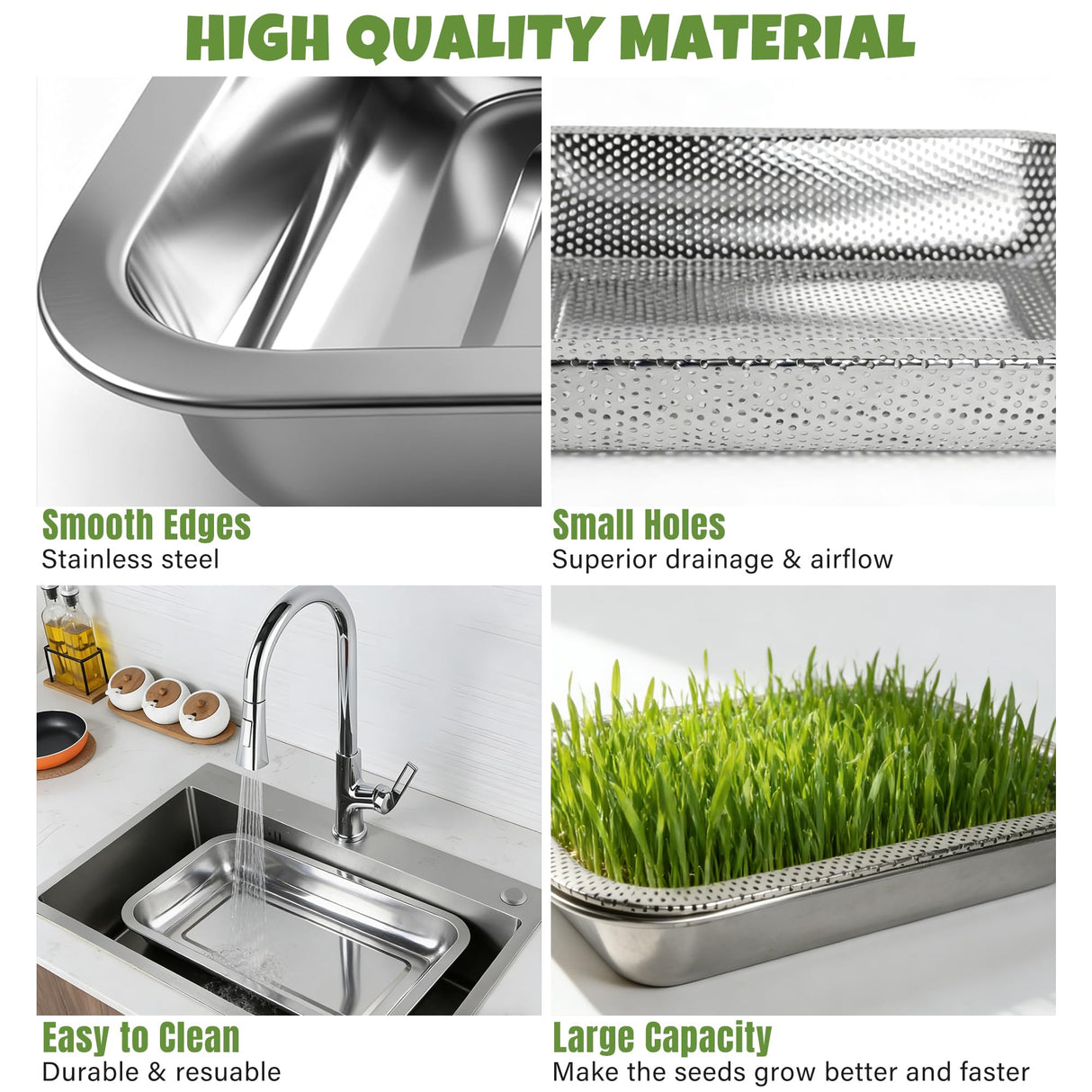 Amarys Hearth 2 Pack Stainless Steel Seed Sprouter Trays, 2-Tier Soil-Free Microgreens Growing Kit, Rust-Free Sprouting Tray with Mesh Pads for Sprouts Beans Alfalfa Wheatgrass (10.6" * 7.9" * 1.9")