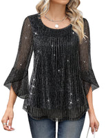 Bebonnie Holiday Outfits for Women 2025: Women's Long Sleeve Fall Winter Fashion Elegant Sparkly Sequin Casual Dressy Shirts Fancy Cute Mesh Blouses Christmas Flowy Tunic Tops Black SilverXL