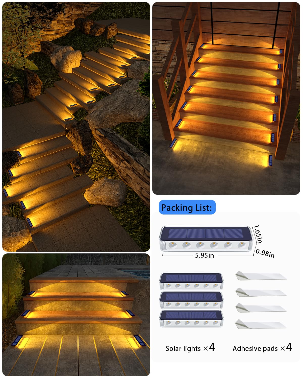 DetarZinLED Solar Step Lights for Outside,4 Pack Solar Stair Lights Outdoor Waterproof,Warm White Deck Light Solar Powered Waterproof for Steps,Stairs,Walkway,Sidewalk,Patio,Pathway