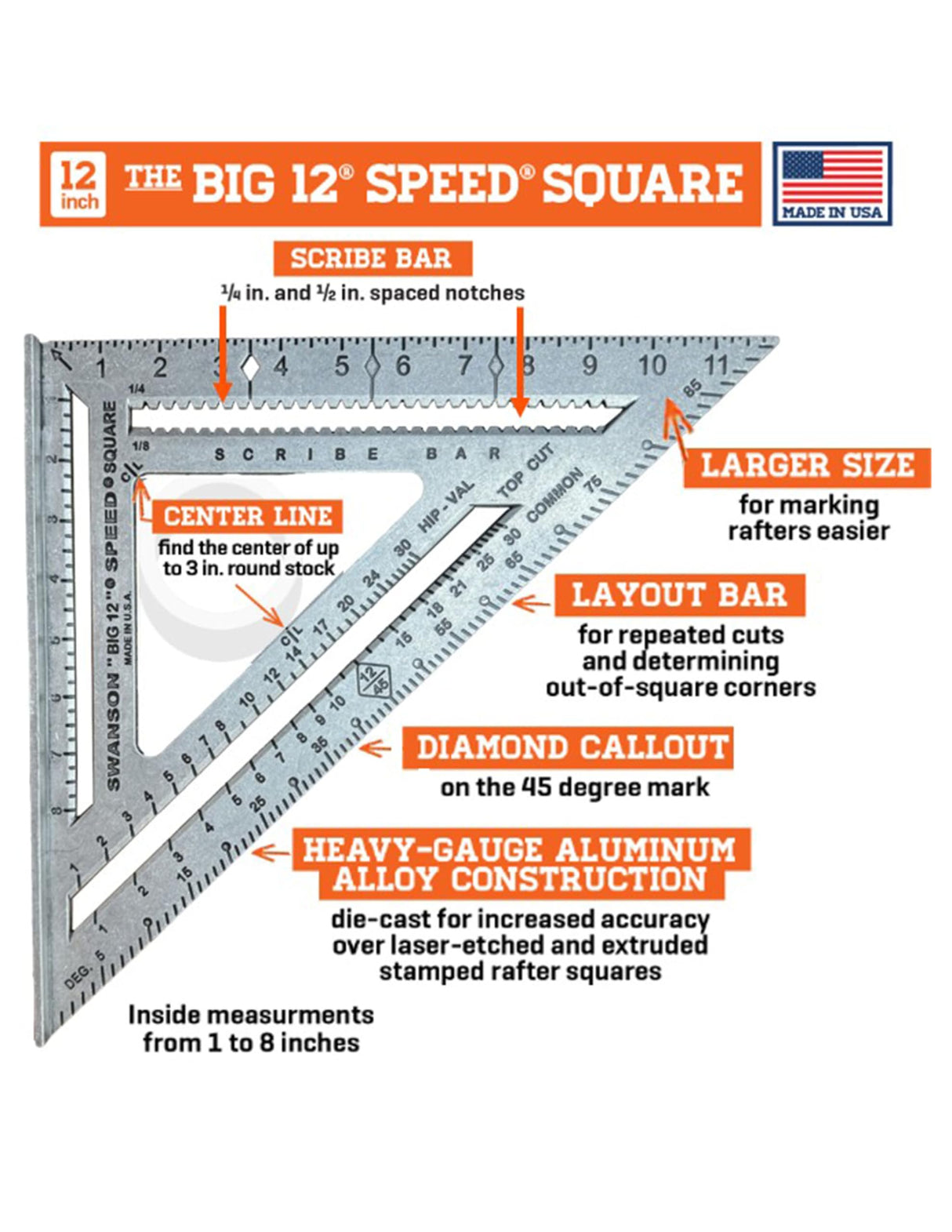 Swanson Tool Co S0107 "Big 12" 12-Inch Speed Square Layout Tool with Blue Book