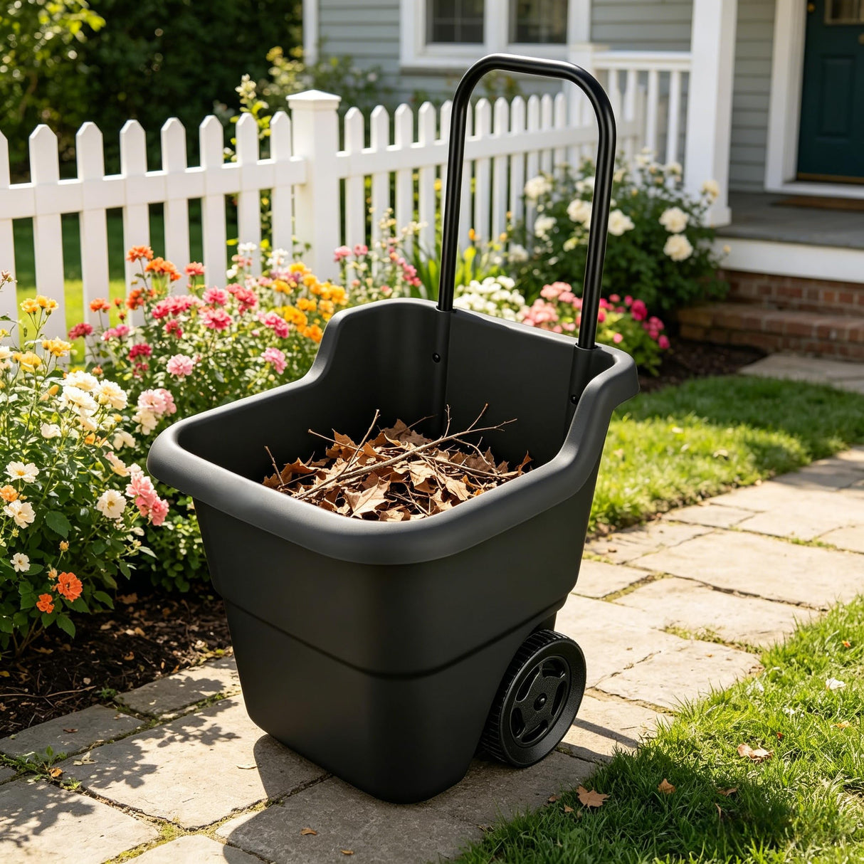 15 Gallon Rolling Garden Cart, Durable Resin Multi-Purpose Yard Cart, Retractable Handle and 7 Inch Wheels, Outdoor Utility Cart for Gardening, Lawn and Home Hauling (Black)