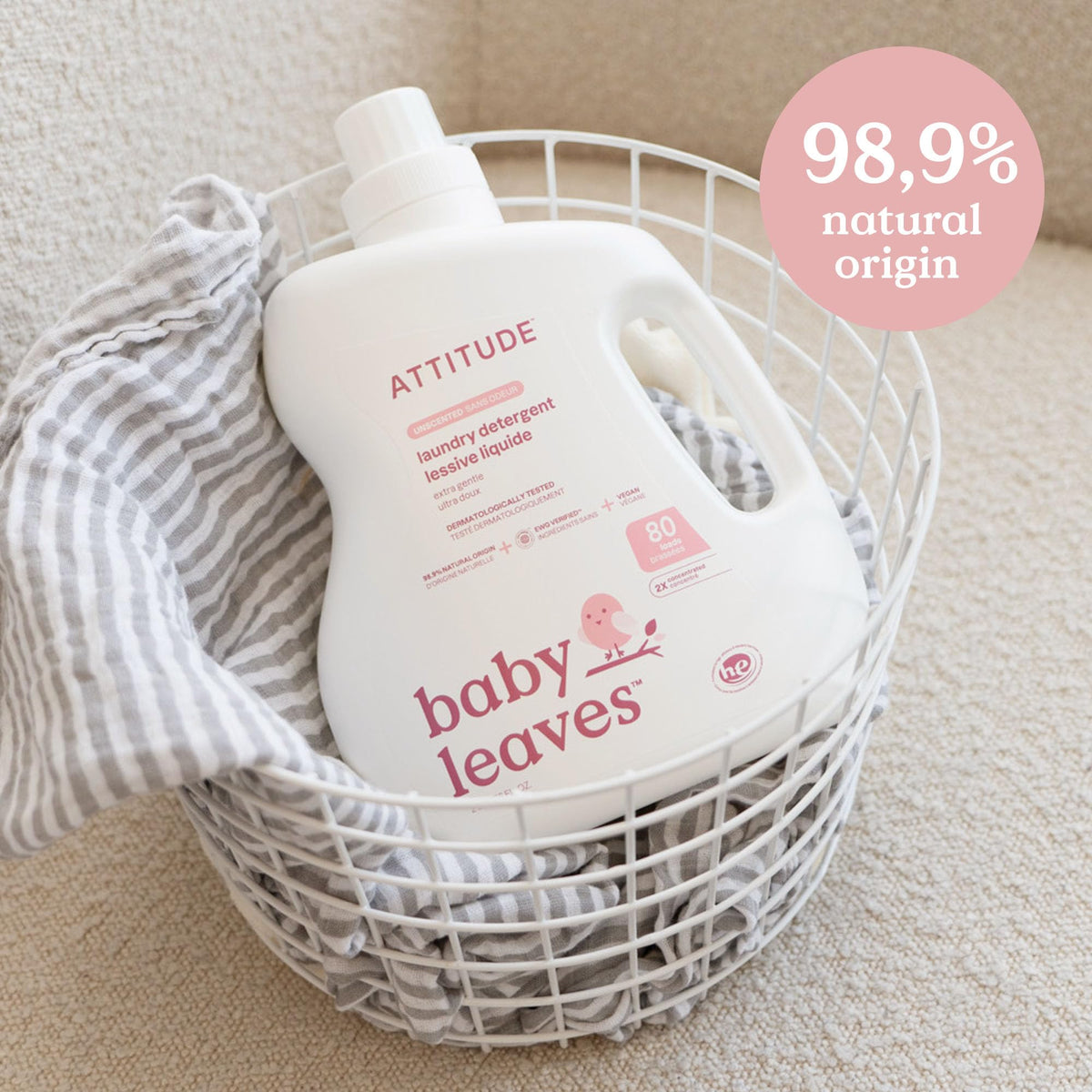 ATTITUDE Baby Laundry Detergent, Dermatologist Tested, Unscented, 80 Loads