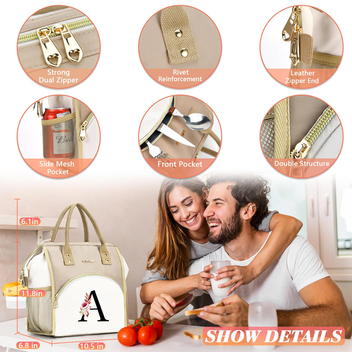 BAGNN Initial Lunch Bag Women, Cooler Insulated Lunch Box for Girls, Large Adult Leakproof Lunch Box for Picnic Work, Personalized Tote Bag, Birthday Gifts/Christmas Day Gifts, Letter M.