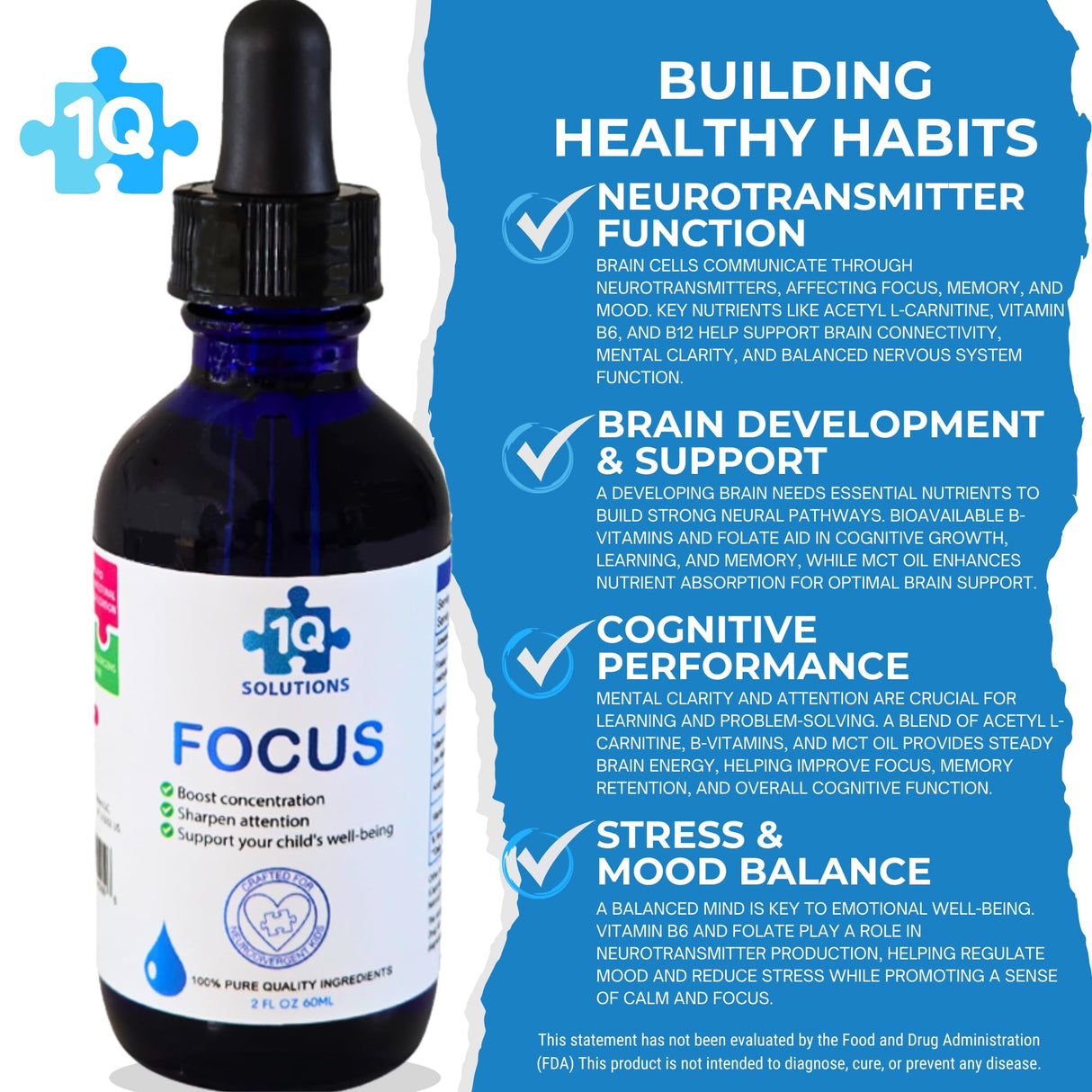 1Q Focus – Liquid Cognitive & Brain Support Drops for Kids | Acetyl L-Carnitine + B1, B6, B12 & Folate | Sugar-Free, Vegan, Non-GMO, Gluten-Free | Advanced Absorption | 2 fl oz 30 Servings