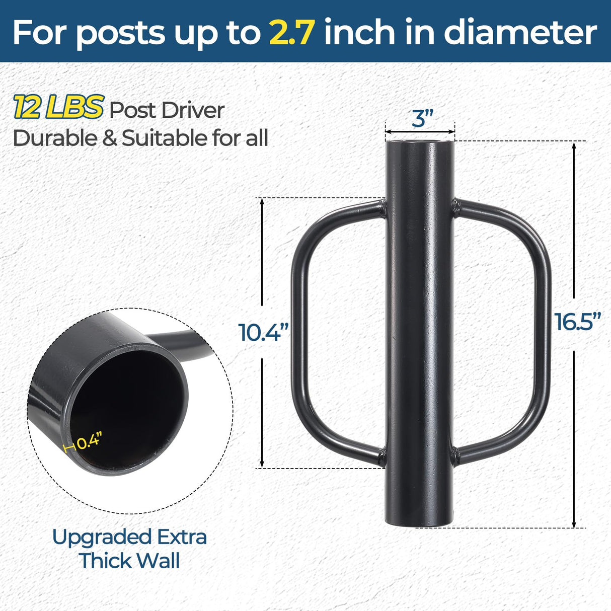 Fence Post Driver, 12LBS Fence Post Driver with Handle, 2.7 inch Inner Diameter Hand Post Pounder, Heavy Duty T Post Rammer Driver Tool for Wooden Post U Channel Fence Post Metal Post, Black 17 Inch