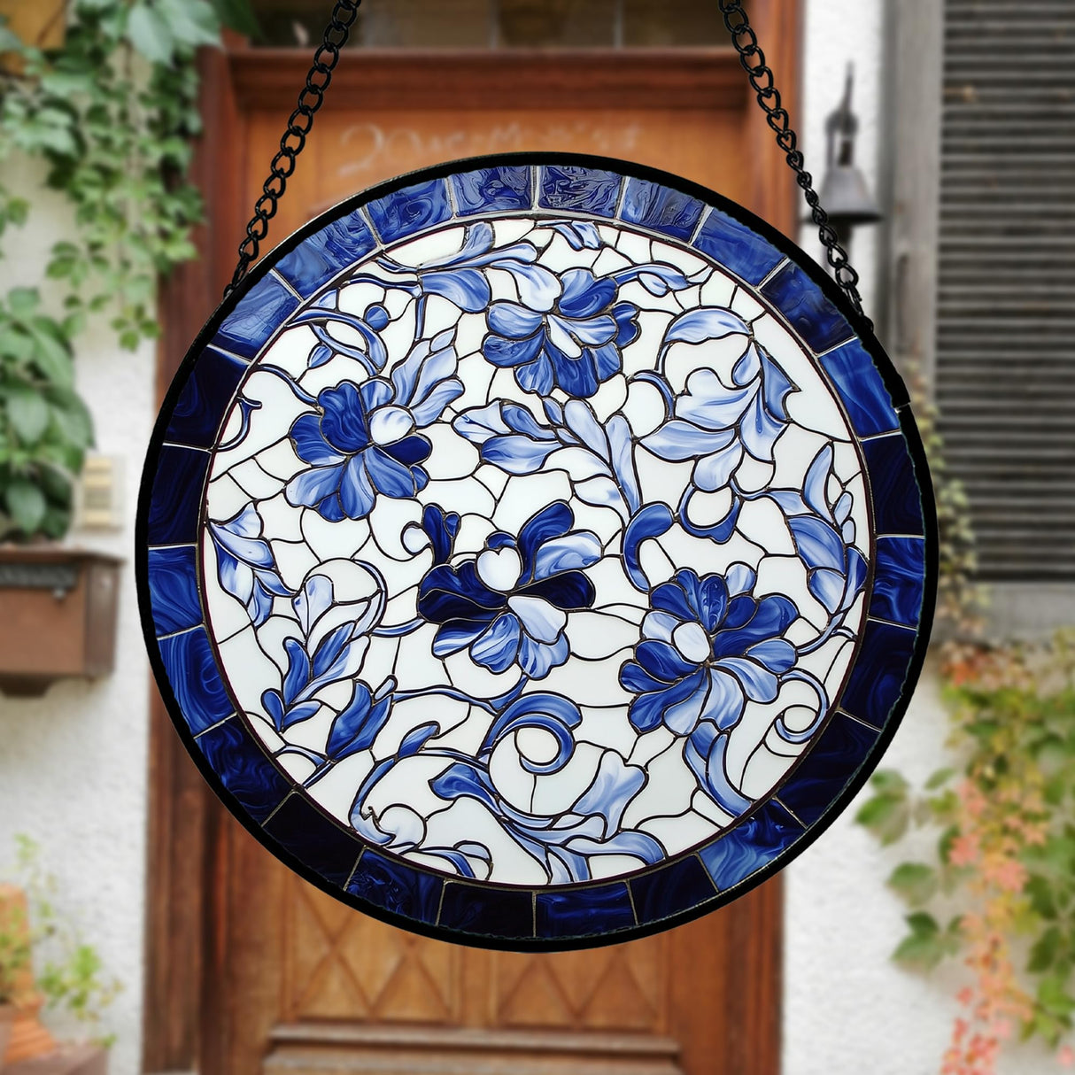 AMDERVEN Stained Glass Window Hanging, Blue and White Abstract Flowers Sun Catcher for Door Home Decor Suncatcher Christmas Mother's Day Birthday Gifts for Women Men Mom and Nana 9.8 in