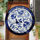AMDERVEN Stained Glass Window Hanging, Blue and White Abstract Flowers Sun Catcher for Door Home Decor Suncatcher Christmas Mother's Day Birthday Gifts for Women Men Mom and Nana 9.8 in