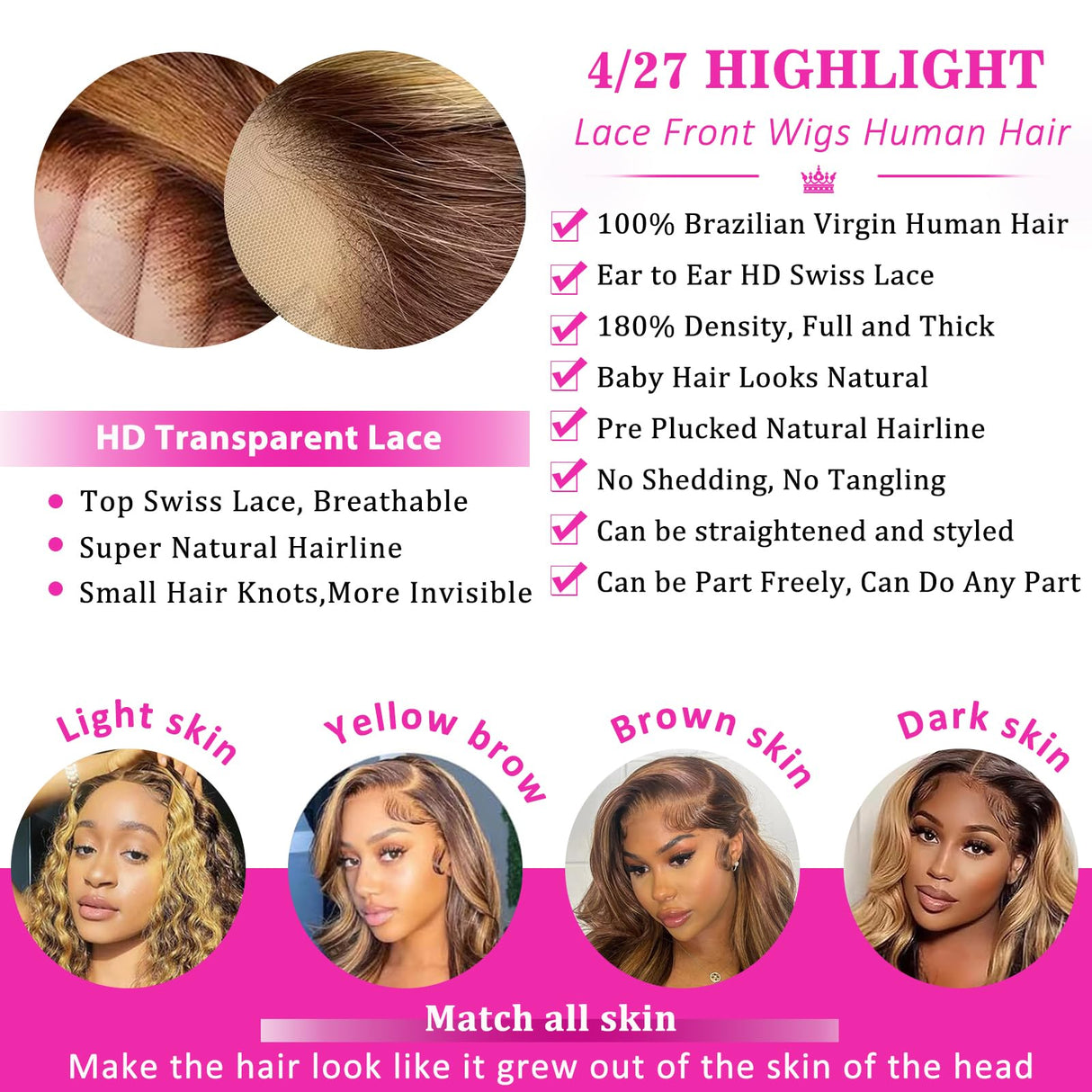 GAOYIFU Ombre Lace Front Wig Human Hair Highlight 13x6 HD Body Wave Lace Front Wigs Human Hair Pre Plucked Honey Blonde 180 Density 4/27 Frontal Glueless Highlighted Wig for Black Women 28 Inch