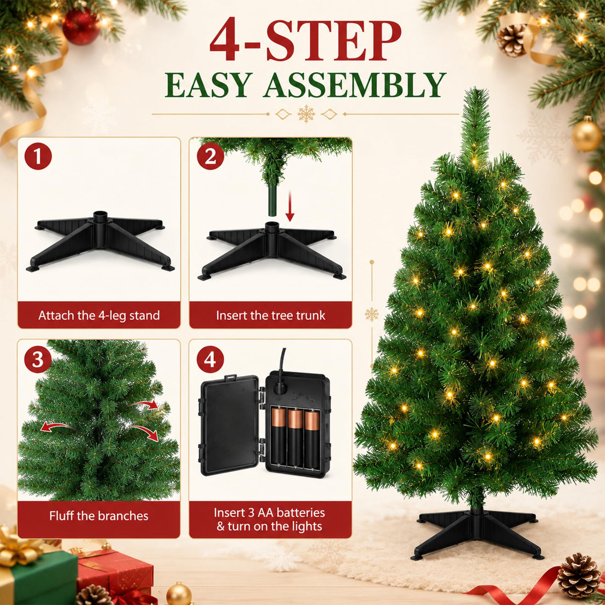 XXYYZZ 3FT Pre-lit Artificial Christmas Tree with 50 LED Lights （11 Modes）