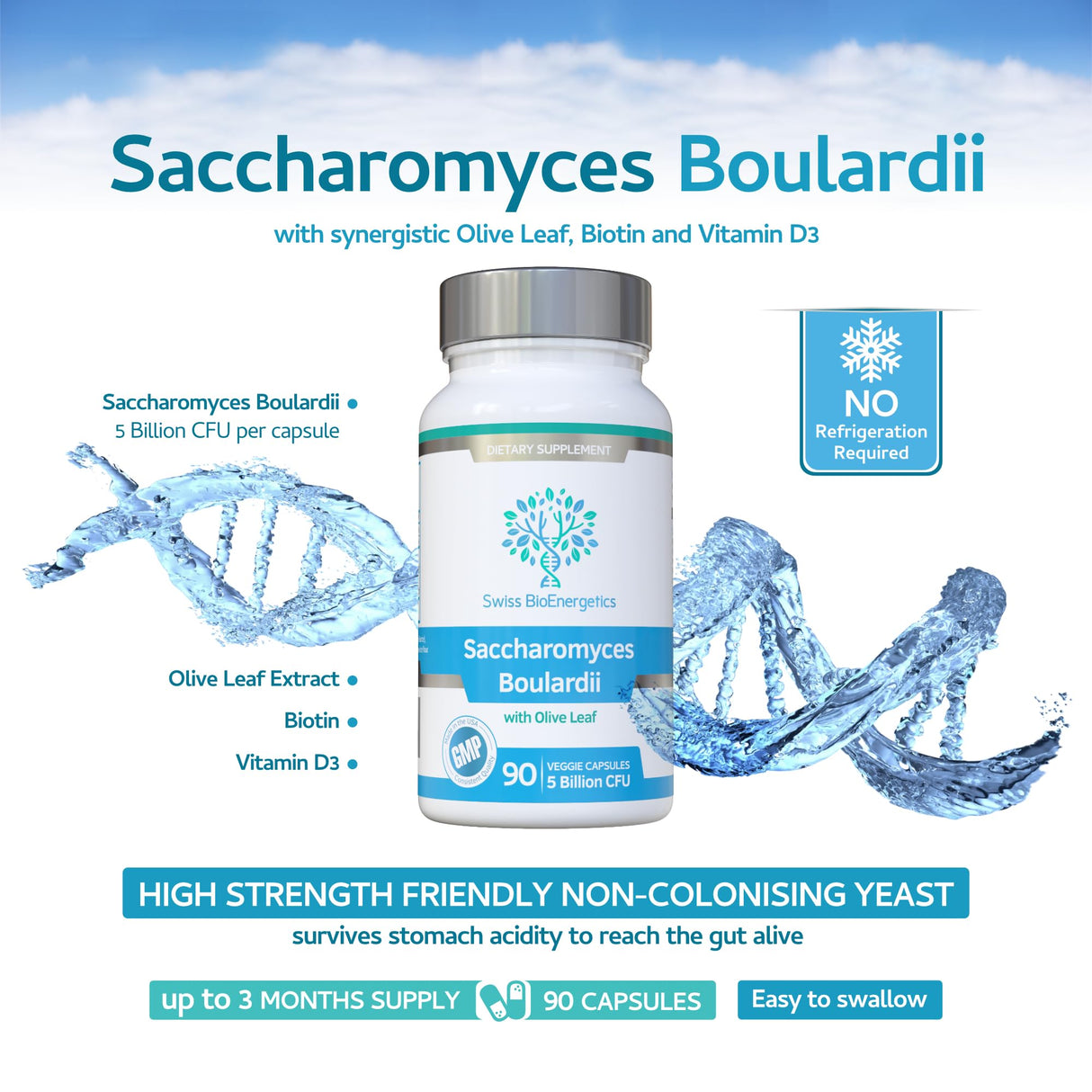 Saccharomyces Boulardii 5 Billion CFU 90 Capsules - No Refrigeration Required - High Strength Non-Colonising Yeast with synergistic Olive Leaf, Biotin and Vitamin D3